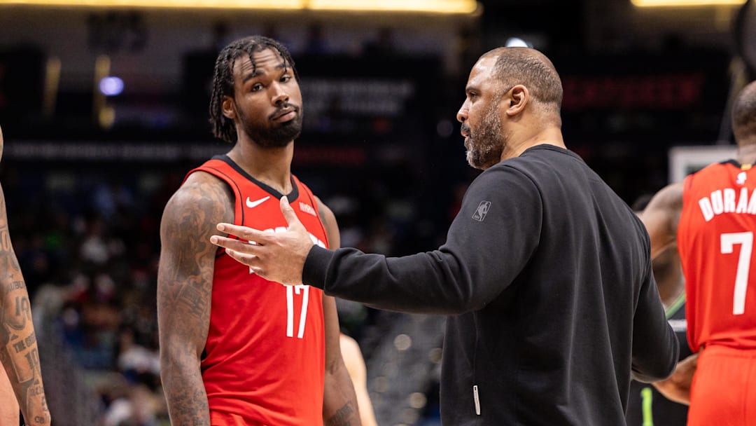 Mar 29, 2026; New Orleans, Louisiana, USA; Houston Rockets forward Tari Eason (17) talks to Head Coach Ime Udoka against the New Orleans Pelicans during the second half at Smoothie King Center. Mandatory Credit: Stephen Lew-Imagn Images Mar 29, 2026; New Orleans, Louisiana, USA; Houston Rockets forward Tari Eason (17) talks to Head Coach Ime Udoka against the New Orleans Pelicans during the second half at Smoothie King Center. Mandatory Credit: Stephen Lew-Imagn Images