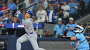 Oct 31, 2025; Toronto, Ontario, CAN; Los Angeles Dodgers two-way player Shohei Ohtani (17) reacts in the fifth inning for game six of the 2025 MLB World Series at Rogers Centre. Mandatory Credit: Nick Turchiaro-Imagn Images
