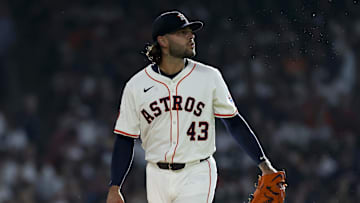 Houston Astros starting pitcher Lance McCullers Jr. (43) reacts after a pitch during the first inning against the Cincinnati Reds at Daikin Park on May 10.