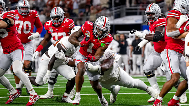 Ohio State running back Quinshon Judkins (1) runs the ball in for a touchdown during the College Football Playoff semifinal game against the Texas Longhorns in the Cotton Bowl at AT&T Stadium on Friday, Jan. 10, 2024 in Arlington, Texas.