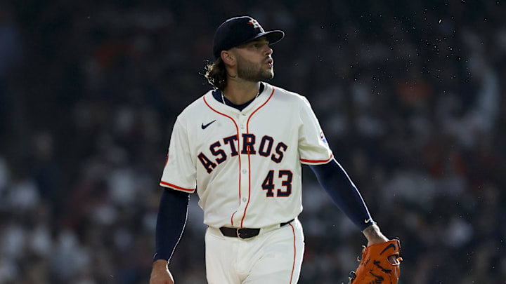 Houston Astros starting pitcher Lance McCullers Jr. (43) reacts after a pitch during the first inning against the Cincinnati Reds at Daikin Park on May 10.