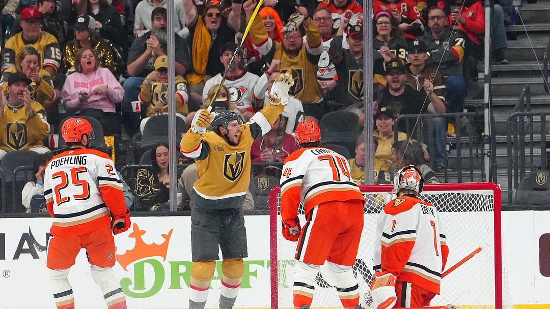 May 4, 2026; Las Vegas, Nevada, USA; Vegas Golden Knights center Brett Howden (21) celebrates after scoring a goal against the Anaheim Ducks during the second period of game one of the second round of the 2026 Stanley Cup Playoffs at T-Mobile Arena. Mandatory Credit: Stephen R. Sylvanie-Imagn Images
