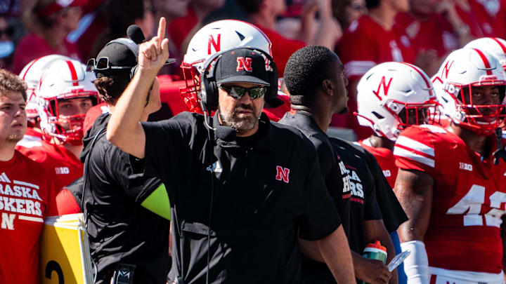 Aug 31, 2024; Lincoln, Nebraska, USA; Nebraska Cornhuskers head coach Matt Rhule reacts during the second quarter against the UTEP Miners at Memorial Stadium.