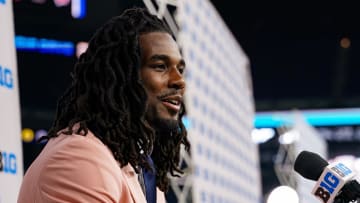 Jul 25, 2024; Indianapolis, IN, USA; Michigan Wolverines safety Makari Paige speaks to the media during the Big 10 football media day at Lucas Oil Stadium.