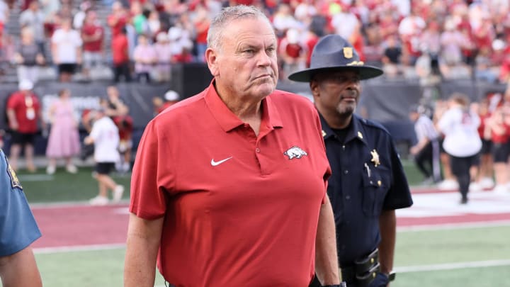 Aug 29, 2024; Little Rock, Arkansas, USA; Arkansas Razorbacks head coach Sam Pittman prior tot he game against the Pine Bluff Golden Lions at War Memorial Stadium. Mandatory Credit: Nelson Chenault-USA TODAY Sports