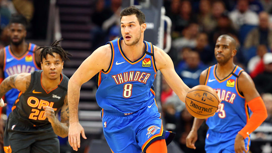 Jan 22, 2020; Orlando, Florida, USA; Oklahoma City Thunder forward Danilo Gallinari (8) drives to the basket against the Orlando Magic during the first quarter at Amway Center. Mandatory Credit: Kim Klement-Imagn Images