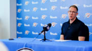 Sam Presti speaks to the press in Oklahoma City, on Tuesday, May 28, 2024.