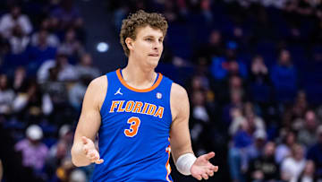 Feb 22, 2025; Baton Rouge, Louisiana, USA; Florida Gators center Micah Handlogten (3) reacts to being called for a penalty on a play against the LSU Tigers during the first half at Pete Maravich Assembly Center. Mandatory Credit: Stephen Lew-Imagn Images