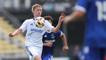 Jul 23, 2024; Columbus, Ohio, USA; MLS NEXT East midfielder Colin Guske of Orlando City SC (10) controls the ball during the first half against MLS NEXT West at Historic Crew Stadium. Mandatory Credit: Joseph Maiorana-Imagn Images