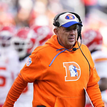 Jan 5, 2025; Denver, Colorado, USA; Denver Broncos head coach Sean Payton during the first quarter against the Kansas City Chiefs at Empower Field at Mile High. Mandatory Credit: Ron Chenoy-Imagn Images