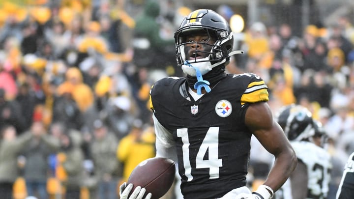 Oct 29, 2023; Pittsburgh, Pennsylvania, USA;  Pittsburgh Steelers wide receiver George Pickens (14) celebrates a third quarter touchdown against the Jacksonville Jaguars at Acrisure Stadium. The Jaguars won 20-10. Mandatory Credit: Philip G. Pavely-USA TODAY Sports