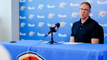 Sam Presti speaks to the press in Oklahoma City, on Tuesday, May 28, 2024.