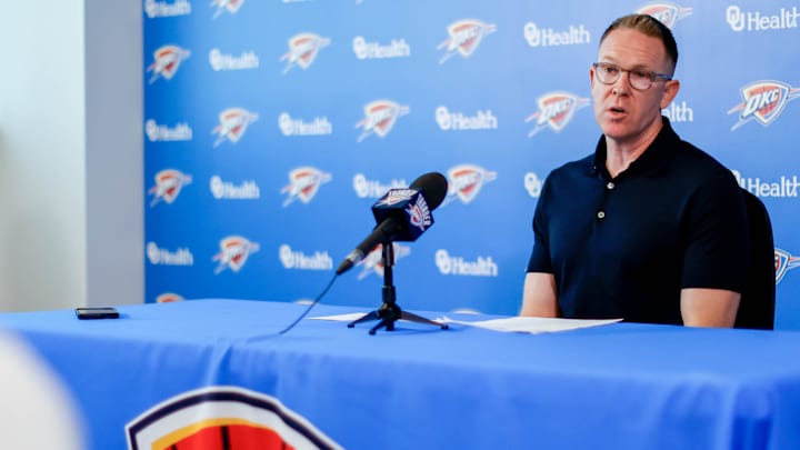 Sam Presti speaks to the press in Oklahoma City, on Tuesday, May 28, 2024.