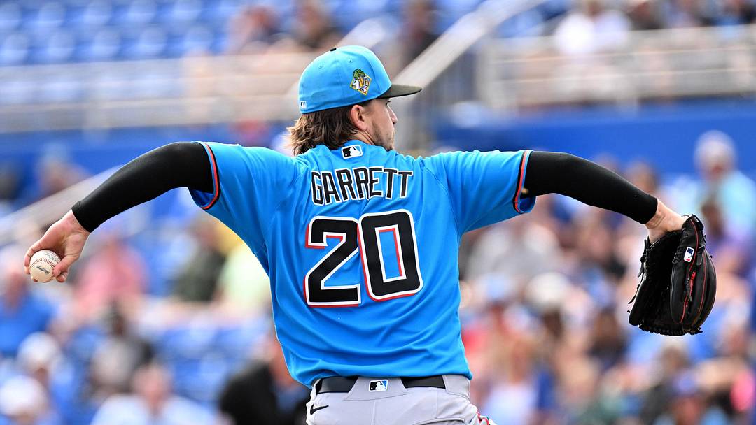 Florida Marlins starting pitcher Braxton Garrett (20) throws a pitch in the first inning against the Toronto Blue Jays during spring training at TD Ballpark. Florida Marlins starting pitcher Braxton Garrett (20) throws a pitch in the first inning against the Toronto Blue Jays during spring training at TD Ballpark.