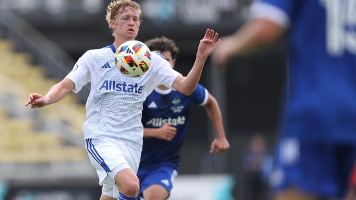 Jul 23, 2024; Columbus, Ohio, USA; MLS NEXT East midfielder Colin Guske of Orlando City SC (10) controls the ball during the first half against MLS NEXT West at Historic Crew Stadium. Mandatory Credit: Joseph Maiorana-USA TODAY Sports