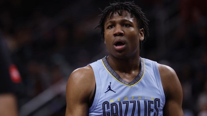 Apr 1, 2024; Detroit, Michigan, USA;  Memphis Grizzlies forward GG Jackson (45) reacts in the first half against the Detroit Pistons at Little Caesars Arena. Mandatory Credit: Rick Osentoski-USA TODAY Sports