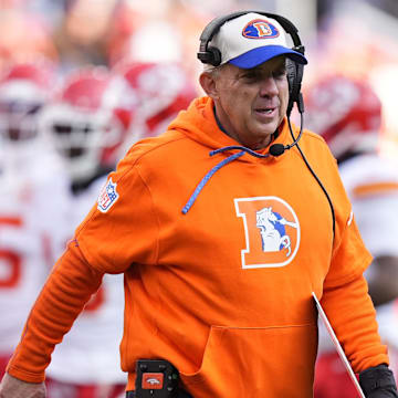 Jan 5, 2025; Denver, Colorado, USA; Denver Broncos head coach Sean Payton during the first quarter against the Kansas City Chiefs at Empower Field at Mile High. 