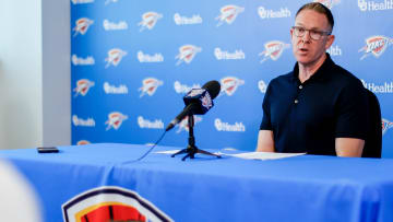 Sam Presti speaks to the press in Oklahoma City, on Tuesday, May 28, 2024.