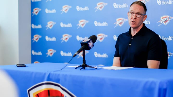 Sam Presti speaks to the press in Oklahoma City, on Tuesday, May 28, 2024.