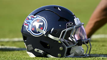 Jul 24, 2025; Nashville, TN, USA;  Tennessee Titans helmet during training camp at Ascension Saint Thomas Sports Park. Mandatory Credit: Steve Roberts-Imagn Images