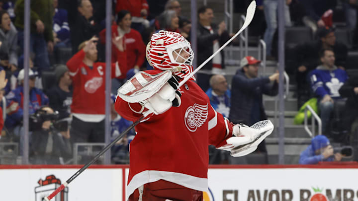 Detroit Red Wings goaltender Ville Husso celebrates after defeating the Toronto Maple Leafs.