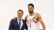 Oct 2, 2023; Phoenix, AZ, USA; Phoenix Suns owner Mat Ishbia (left) and guard Devin Booker pose for