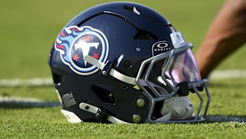 Jul 24, 2025; Nashville, TN, USA;  Tennessee Titans helmet during training camp at Ascension Saint Thomas Sports Park. Mandatory Credit: Steve Roberts-Imagn Images
