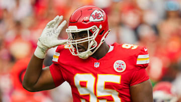 Sep 14, 2025; Kansas City, Missouri, USA; Kansas City Chiefs defensive tackle Chris Jones (95) reacts during the first half against the Philadelphia Eagles at GEHA Field at Arrowhead Stadium. Mandatory Credit: Jay Biggerstaff-Imagn Images