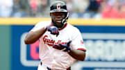 May 1, 2025; Cleveland, Ohio, USA; Cleveland Guardians right fielder Jhonkensy Noel (43) celebrates after hitting a home run during the fourth inning against the Minnesota Twins at Progressive Field. Mandatory Credit: Ken Blaze-Imagn Image.