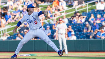 Florida's pitcher Liam Peterson (12) pitches against Alabama in Game 1 of the weekend series. Florida came back from being down 5-0 to beat Alabama 7-6, Friday, May 15, 2025, at Condron Family Ballpark in Gainesville, Florida. [Cyndi Chambers/ Gainesville Sun] 2025