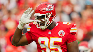 Sep 14, 2025; Kansas City, Missouri, USA; Kansas City Chiefs defensive tackle Chris Jones (95) reacts during the first half against the Philadelphia Eagles at GEHA Field at Arrowhead Stadium. Mandatory Credit: Jay Biggerstaff-Imagn Images
