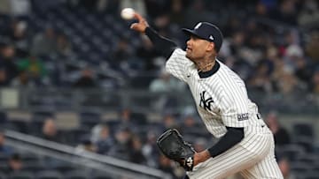 New York Yankees relief pitcher Dennis Santana (53) delivers a pitch during the eighth inning against the Oakland Athletics at Yankee Stadium on April 25, 2024.