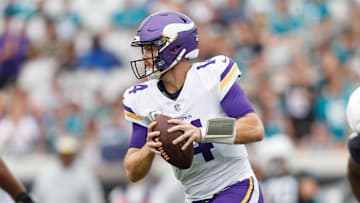 Minnesota Vikings quarterback Sam Darnold looks to pass against the Jacksonville Jaguars