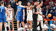 Louisville Cardinals guard Terrence Edwards Jr. (5) reacts to a late call by an official in the Cards' 89-75 loss to Creighton in the first round game of the 2025 NCAA men's basketball tournament at Rupp Arena in Lexington, Kentucky Thursday March 20, 2025.