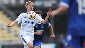 Jul 23, 2024; Columbus, Ohio, USA; MLS NEXT East midfielder Colin Guske of Orlando City SC (10) controls the ball during the first half against MLS NEXT West at Historic Crew Stadium. Mandatory Credit: Joseph Maiorana-Imagn Images