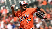 Jun 28, 2025; Baltimore, Maryland, USA; Baltimore Orioles starting pitcher Zach Eflin (24) throws a pitch against the Tampa Bay Rays during the first inning at Oriole Park at Camden Yards. 