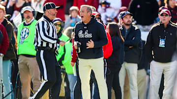Nov 29, 2025; Columbia, South Carolina, USA; South Carolina Gamecocks head coach Shane Beamer disputes pass interference call against the Clemson Tigers in the second quarter at Williams-Brice Stadium. Mandatory Credit: Jeff Blake-Imagn Images