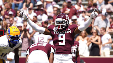 Sep 7, 2024; College Station, Texas, USA; Texas A&M Aggies defensive back Trey Jones III (9) reacts to a play during the fourth quarter against the McNeese State Cowboys at Kyle Field. Mandatory Credit: Dustin Safranek-Imagn Images