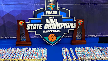 FHSAA Rural girls basketball state championshp trophies await at the RP Funding Center on Friday in Lakeland.