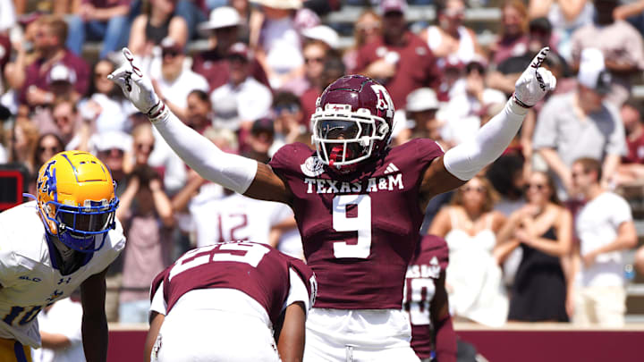 Sep 7, 2024; College Station, Texas, USA; Texas A&M Aggies defensive back Trey Jones III (9) reacts to a play during the fourth quarter against the McNeese State Cowboys at Kyle Field. Mandatory Credit: Dustin Safranek-Imagn Images