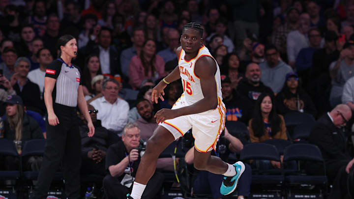 Mar 5, 2024; New York, New York, USA; Atlanta Hawks center Clint Capela (15) runs up court after a basket against the New York Knicks during the second half at Madison Square Garden. Mandatory Credit: Vincent Carchietta-Imagn Images