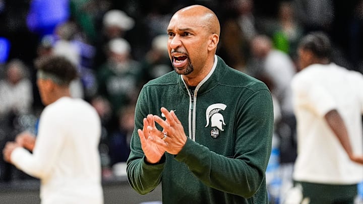 Michigan State assistant coach Saddi Washington watches warmup ahead of the Elite Eight round of NCAA tournament against Auburn at State Farm Arena in Atlanta, Ga. on Sunday, March 30, 2025.