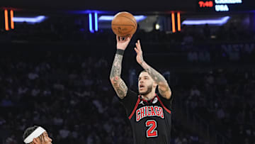 Feb 20, 2025; New York, New York, USA; Chicago Bulls point guard Lonzo Ball (2) shoots a three point jump shot against the New York Knicks during the first quarter at Madison Square Garden. Mandatory Credit: Gregory Fisher-Imagn Images