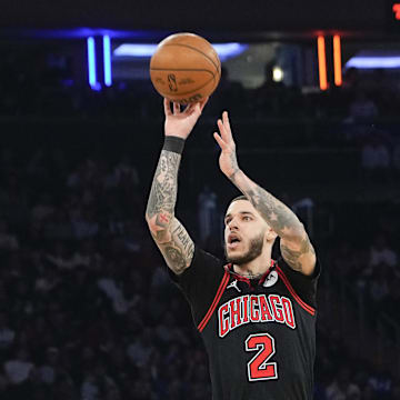Feb 20, 2025; New York, New York, USA; Chicago Bulls point guard Lonzo Ball (2) shoots a three point jump shot against the New York Knicks during the first quarter at Madison Square Garden. Mandatory Credit: Gregory Fisher-Imagn Images