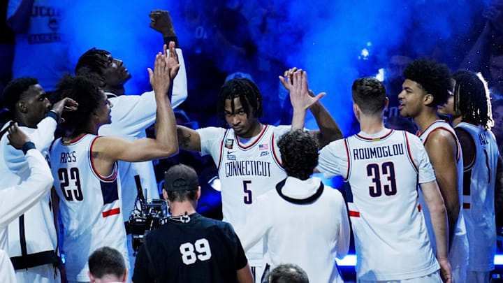 Connecticut Huskies guard Stephon Castle (5) is introduced before the national championship game of the Final Four of the 2024 NCAA Tournament against the Purdue Boilermakers at State Farm Stadium in Glendale on April 8, 2024.