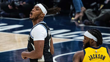 Milwaukee Bucks center/forward Myles Turner celebrates a basket in the first half against the Indiana Pacers at Gainbridge Fieldhouse on November 3.
