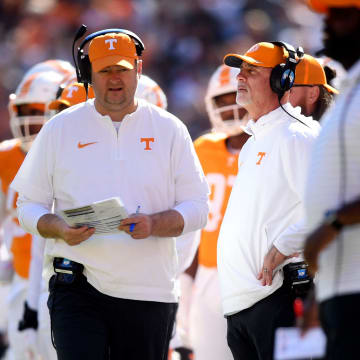 Tennessee head coach Josh Heupel pacing the sideline during the NCAA college football game against Connecticut on Saturday, November 4, 2023 in Knoxville, Tenn.