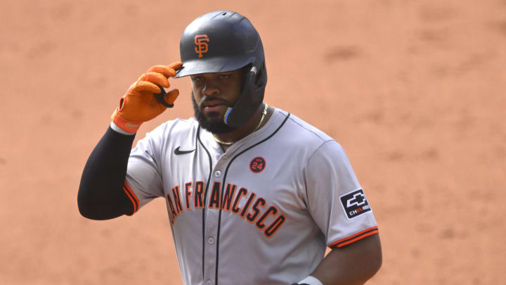 Jul 6, 2024; Cleveland, Ohio, USA; San Francisco Giants center fielder Heliot Ramos (17) celebrates his single in the fifth inning against the Cleveland Guardians at Progressive Field.