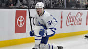 Mar 29, 2025; Los Angeles, California, USA; Toronto Maple Leafs center Auston Matthews (34) celebrates after scoring the go-ahead goal in the third period against the Los Angeles Kings at Crypto.com Arena. Mandatory Credit: Jayne Kamin-Oncea-Imagn Images
