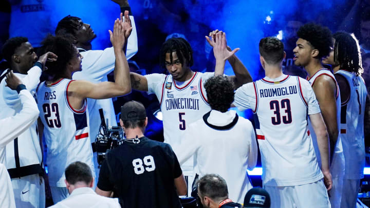 Connecticut Huskies guard Stephon Castle (5) is introduced before the national championship game of the Final Four of the 2024 NCAA Tournament against the Purdue Boilermakers at State Farm Stadium in Glendale on April 8, 2024.